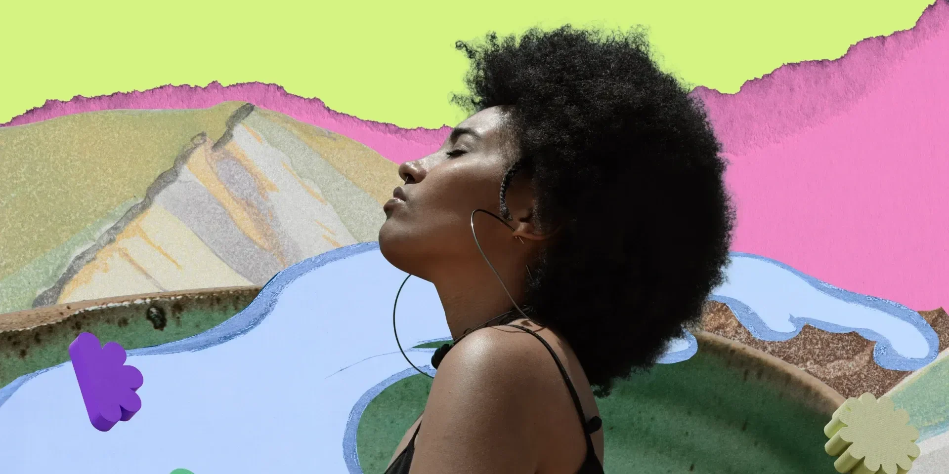 A woman listening to music on headphones, surrounded by a colorful, abstract environment.