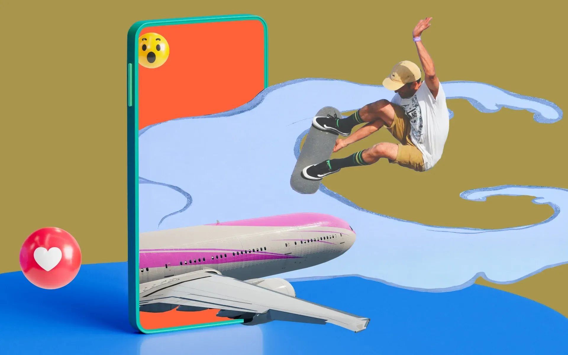 A man skateboarding from a giant mobile phone