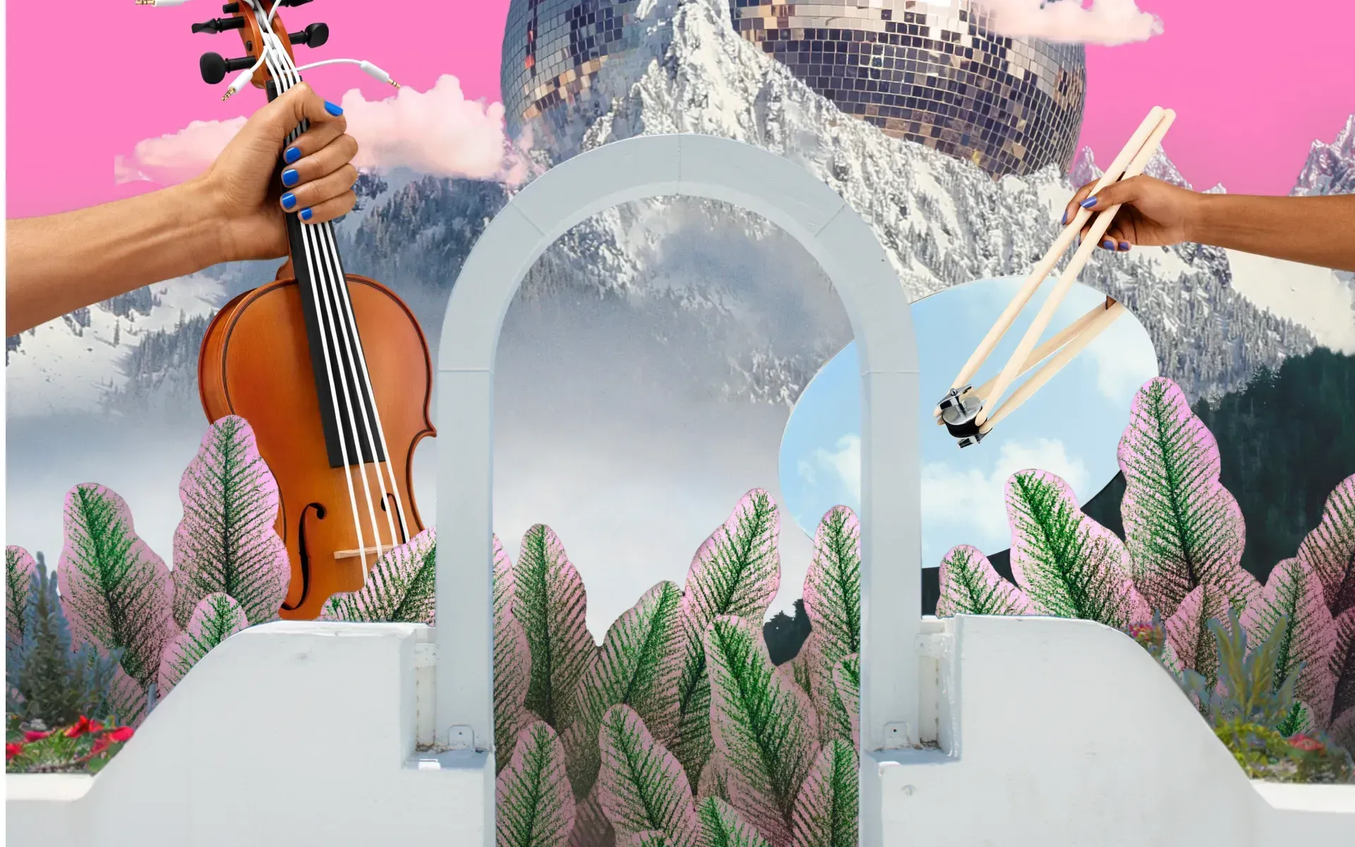Giant hands holding instruments over a floral background