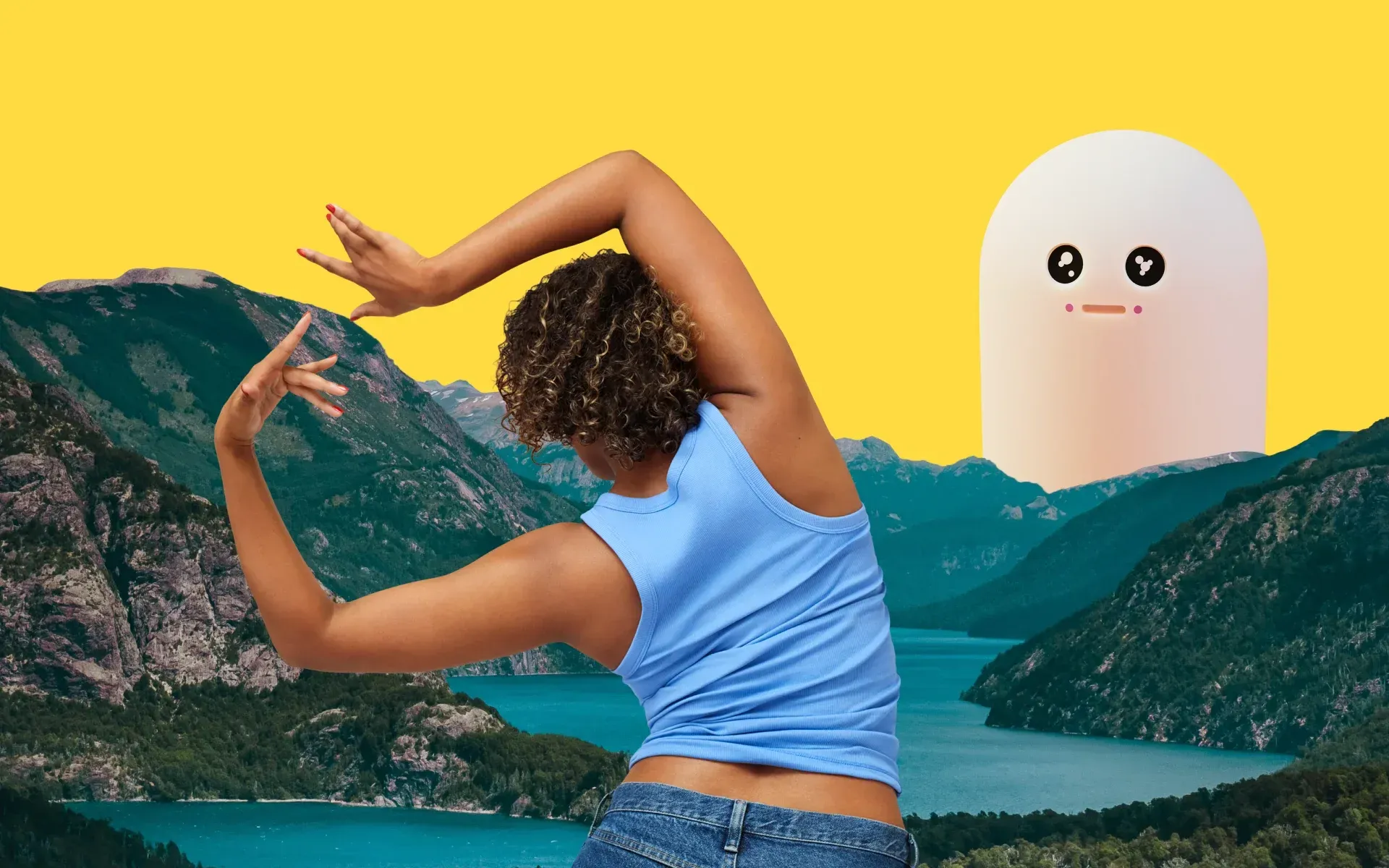 A woman dancing by the mountains, with a little ghost watching in the background