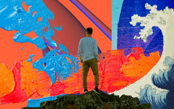 A person standing on a cliff, facing a tidal wave and abstract scenery