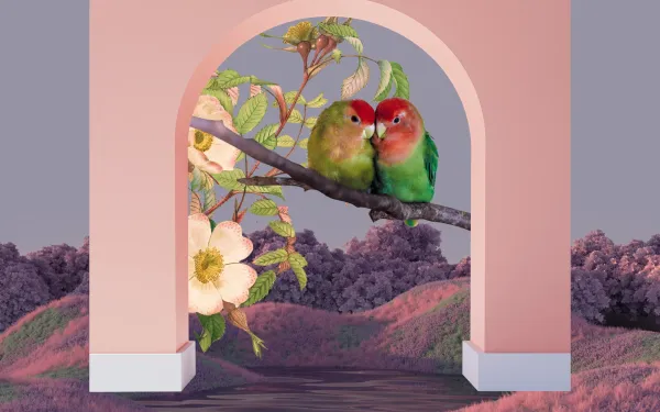 Two little parrots sitting under a pink archway