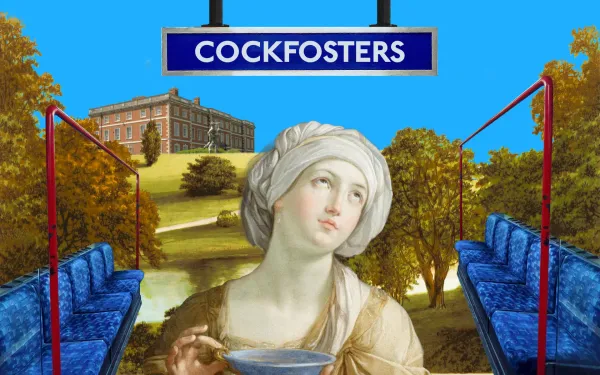 A woman in old-fashioned clothing riding the London tube at Cockfosters