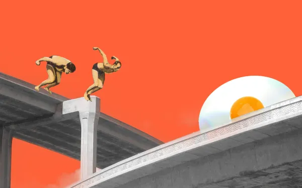 Two divers jumping from a bridge, onto another section of the bridge, with a giant CD styled like a fried egg in the background