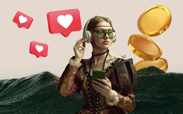 A woman in old-fashioned clothes, in front of a mountain, listening to music on an iPhone